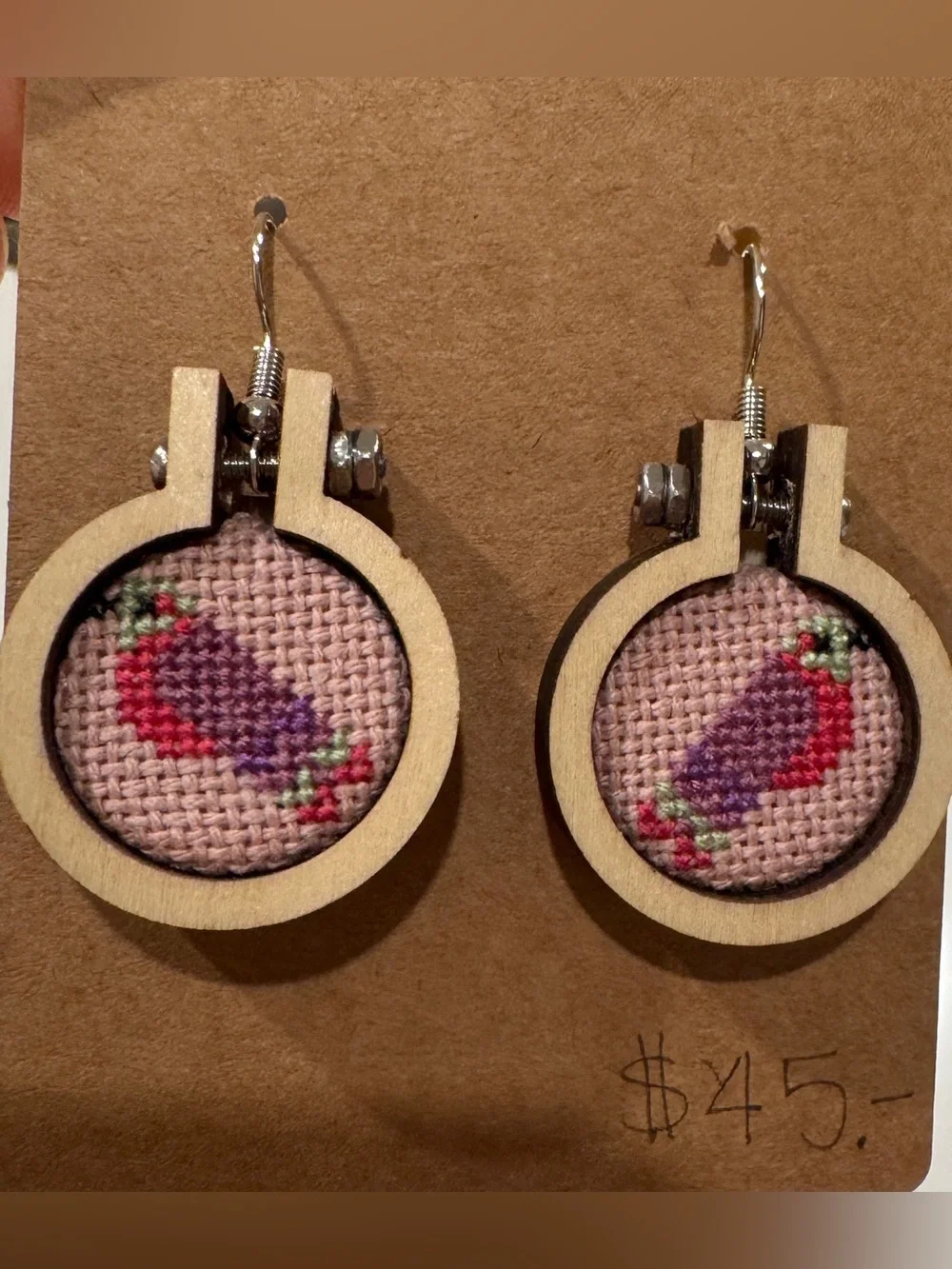 Handmade Bird Cross Stitch Hoop Earrings